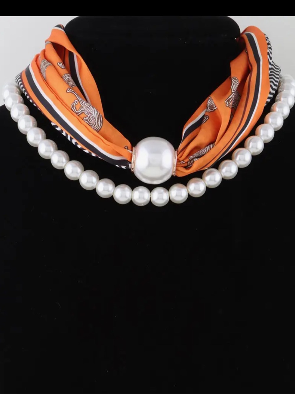 ShopEvelynne Orange Silk Scarf Necklace with Pearl Strand